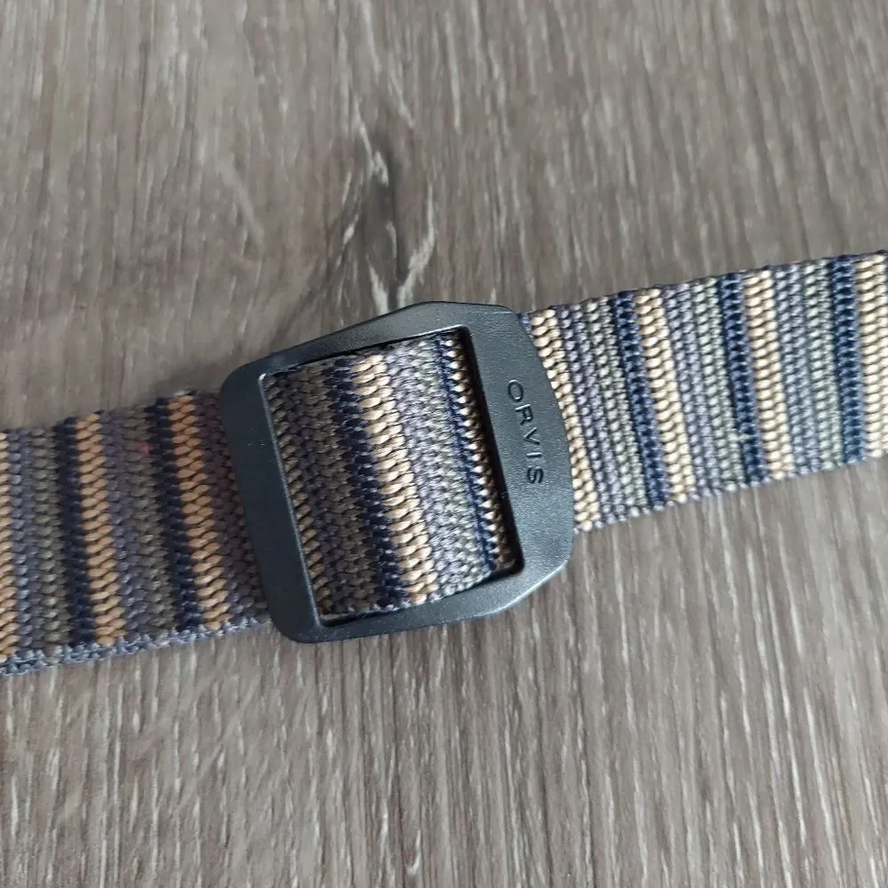 Orvis Nylon Adjustable Web Belt Tan Gray Striped Size 34